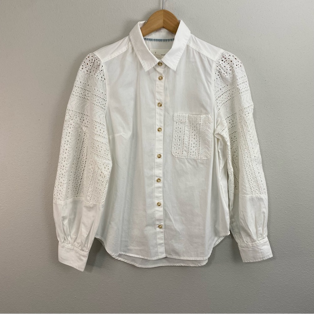 Anthropologie NWT White Lace Eyelet Button Down Long Sleeve Women's Size 6